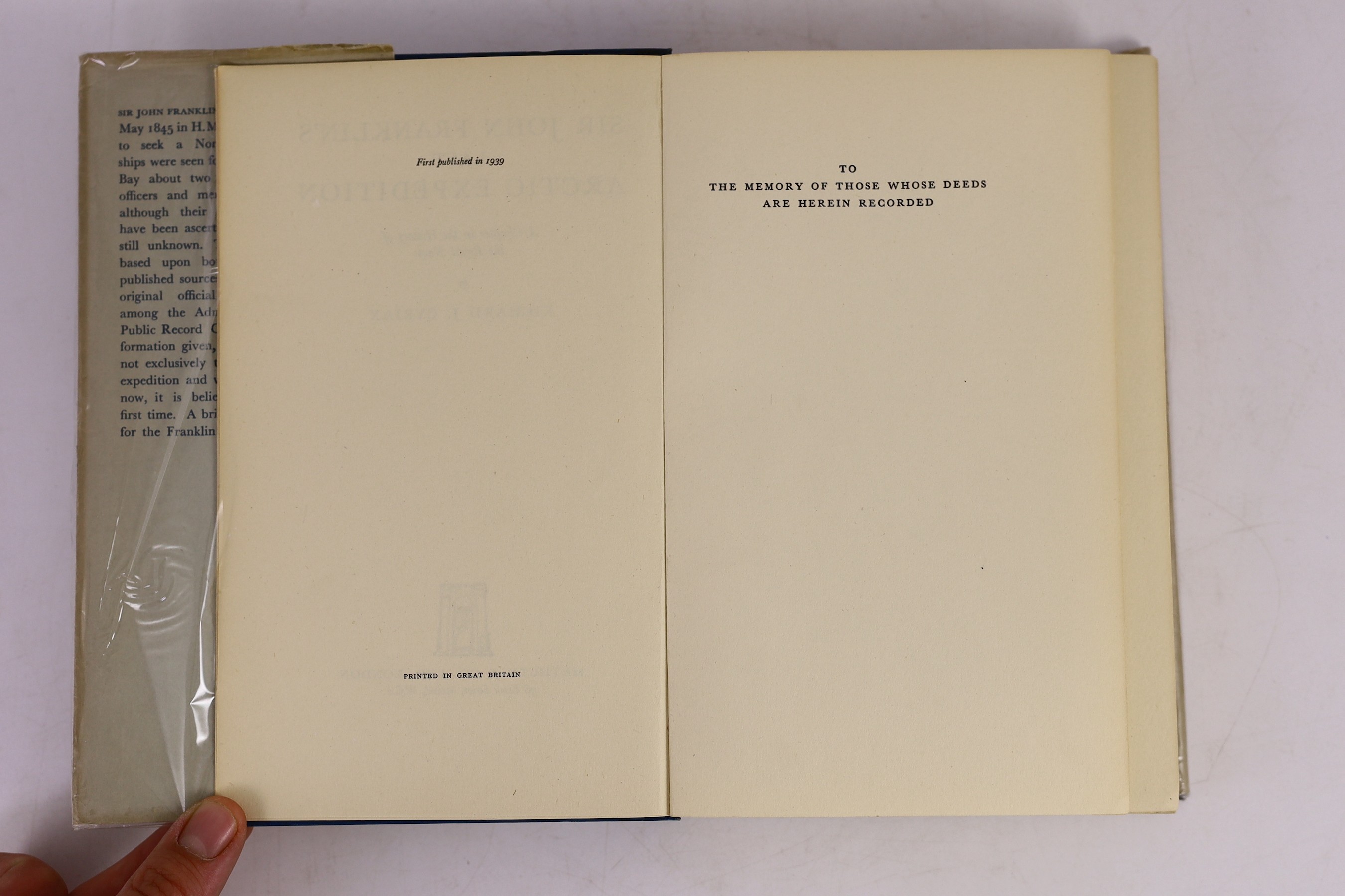 Cyriax, Richard Julius - Sir John Franklin’s Last Arctic Expedition, 8vo, cloth in unclipped d/j, fly leaf with authors presentation inscription to R.H.G.Thomas, with 4 folding maps at end, Methuen & Co. Ltd., London, 19